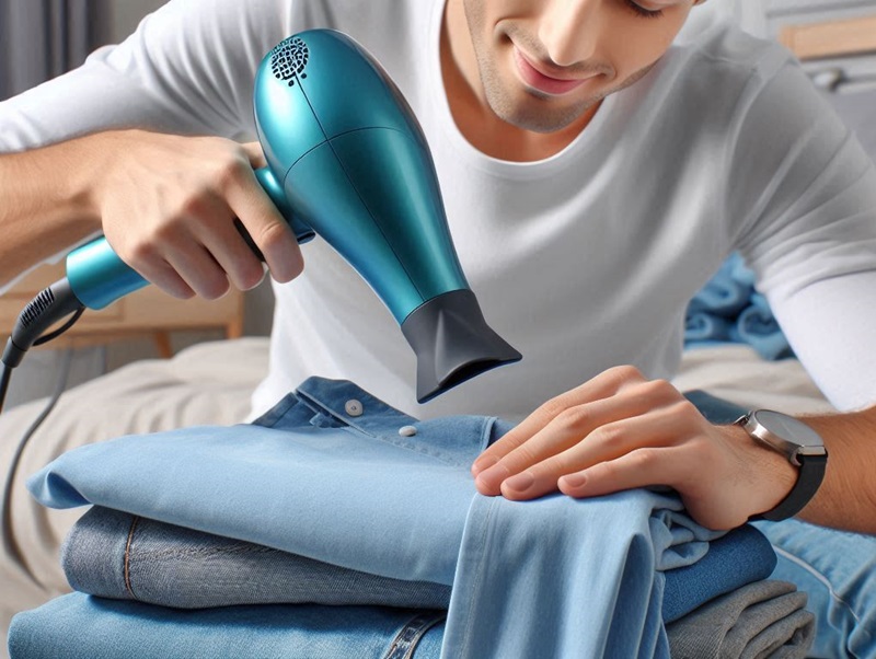 Applying hair dryer to de-wrinkle clothes